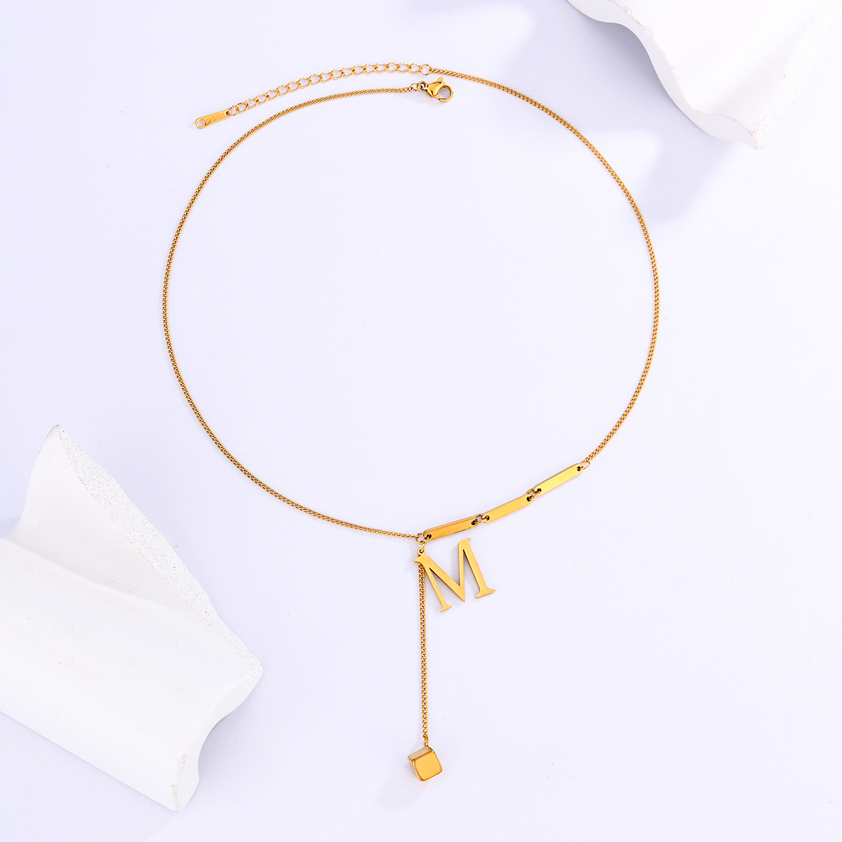 Stylish Titanium Steel Tassel Necklace with 26 Letters Square Pendants - Image 3