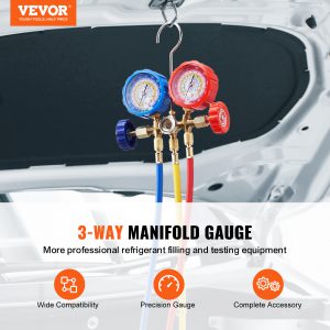 VEVOR AC Gauge Set - 3-Way Manifold Gauge for R134A, R22, R12, R502 Refrigerants, Complete with 5ft Hoses, Couplers, and Can Tap for Efficient Auto Freon Charging and Evacuation