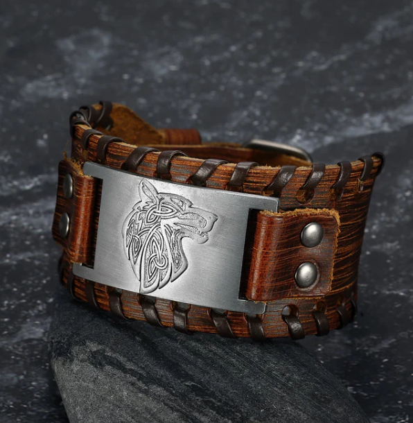 Asgard Leather Buckle Arm Cuff Featuring Exclusive Fenrir Design