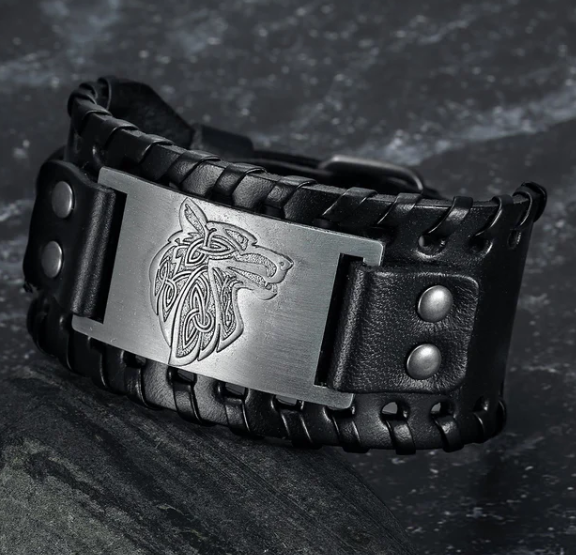 Asgard Leather Buckle Arm Cuff Featuring Exclusive Fenrir Design - Image 2