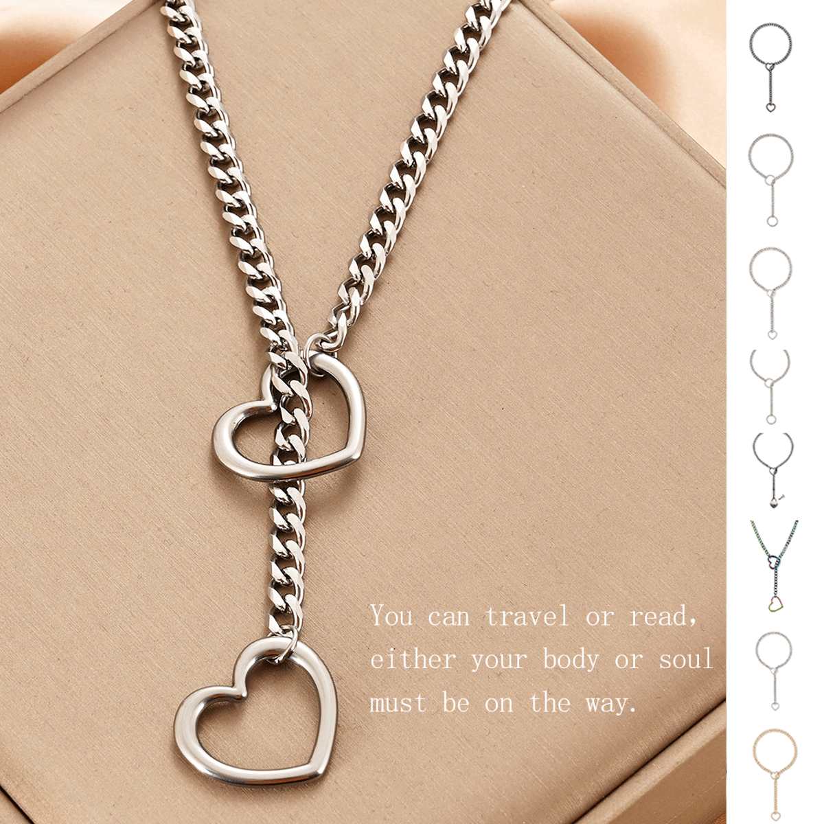 Bold Stainless Steel Lariat Heart Necklace | Heavy Ring Cuban Long Chain Punk Rock Slipchain Choker Collar for Women & Men - Image 11