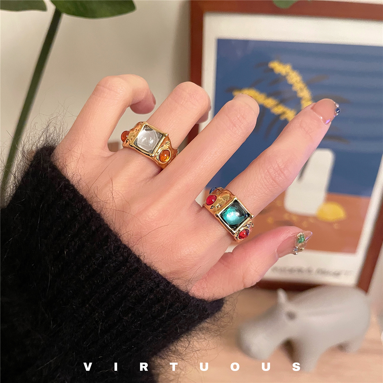 Unique Retro Colored Gemstone Ring with Irregular Gold Finish - Niche Design - Image 2