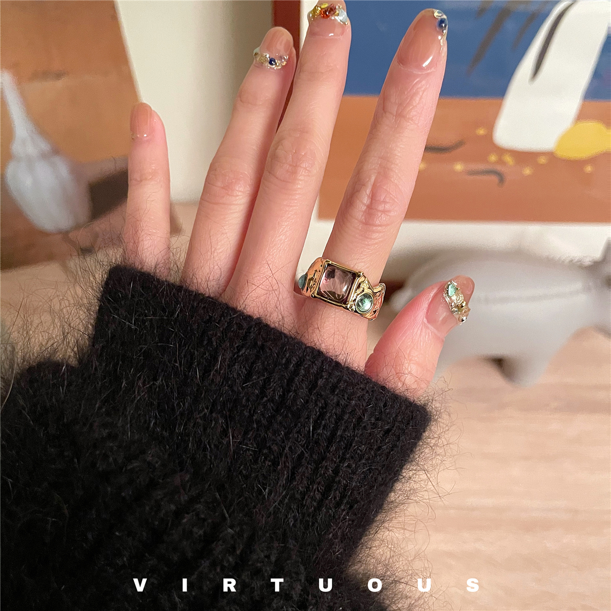 Unique Retro Colored Gemstone Ring with Irregular Gold Finish - Niche Design - Image 4