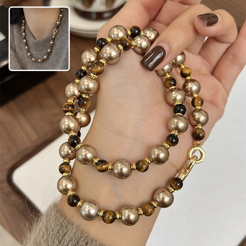 Brown Tiger Eye Pearl Necklace - Elegant Light Luxury Sweater Chain for Women’s Autumn and Winter Fashion Jewelry