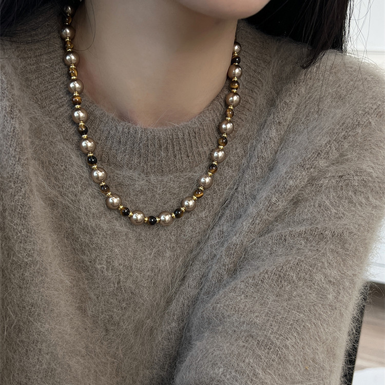 Brown Tiger Eye Pearl Necklace - Elegant Light Luxury Sweater Chain for Women’s Autumn and Winter Fashion Jewelry - Image 2