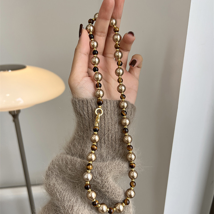 Brown Tiger Eye Pearl Necklace - Elegant Light Luxury Sweater Chain for Women’s Autumn and Winter Fashion Jewelry - Image 3