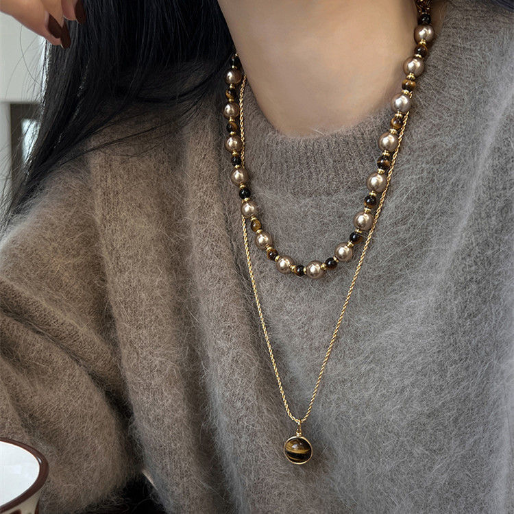 Brown Tiger Eye Pearl Necklace - Elegant Light Luxury Sweater Chain for Women’s Autumn and Winter Fashion Jewelry - Image 6