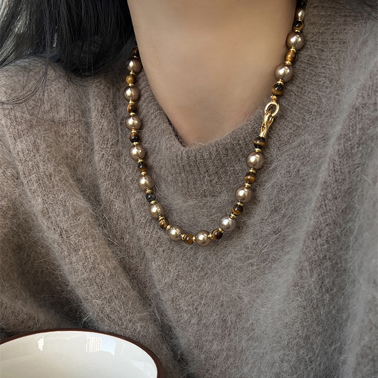 Brown Tiger Eye Pearl Necklace - Elegant Light Luxury Sweater Chain for Women’s Autumn and Winter Fashion Jewelry - Image 7