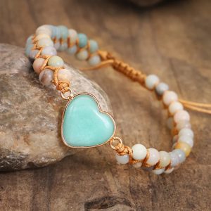 Classic Heart Shape Charm Bracelets - Amazonite Braided Macrame Wristband for Teens & Women Jewelry