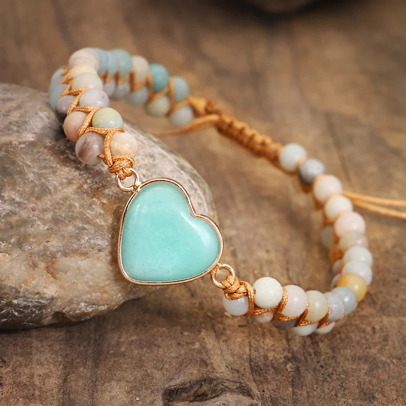 Classic Heart Shape Charm Bracelets - Amazonite Braided Macrame Wristband for Teens & Women Jewelry