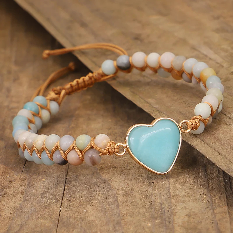 Classic Heart Shape Charm Bracelets - Amazonite Braided Macrame Wristband for Teens & Women Jewelry - Image 2