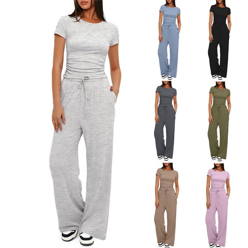 2pcs Solid Color Casual Sports Yoga Set - Short Sleeve Top & High-Waisted Drawstring Wide-Leg Pants for Women's Summer Fashion - Image 9