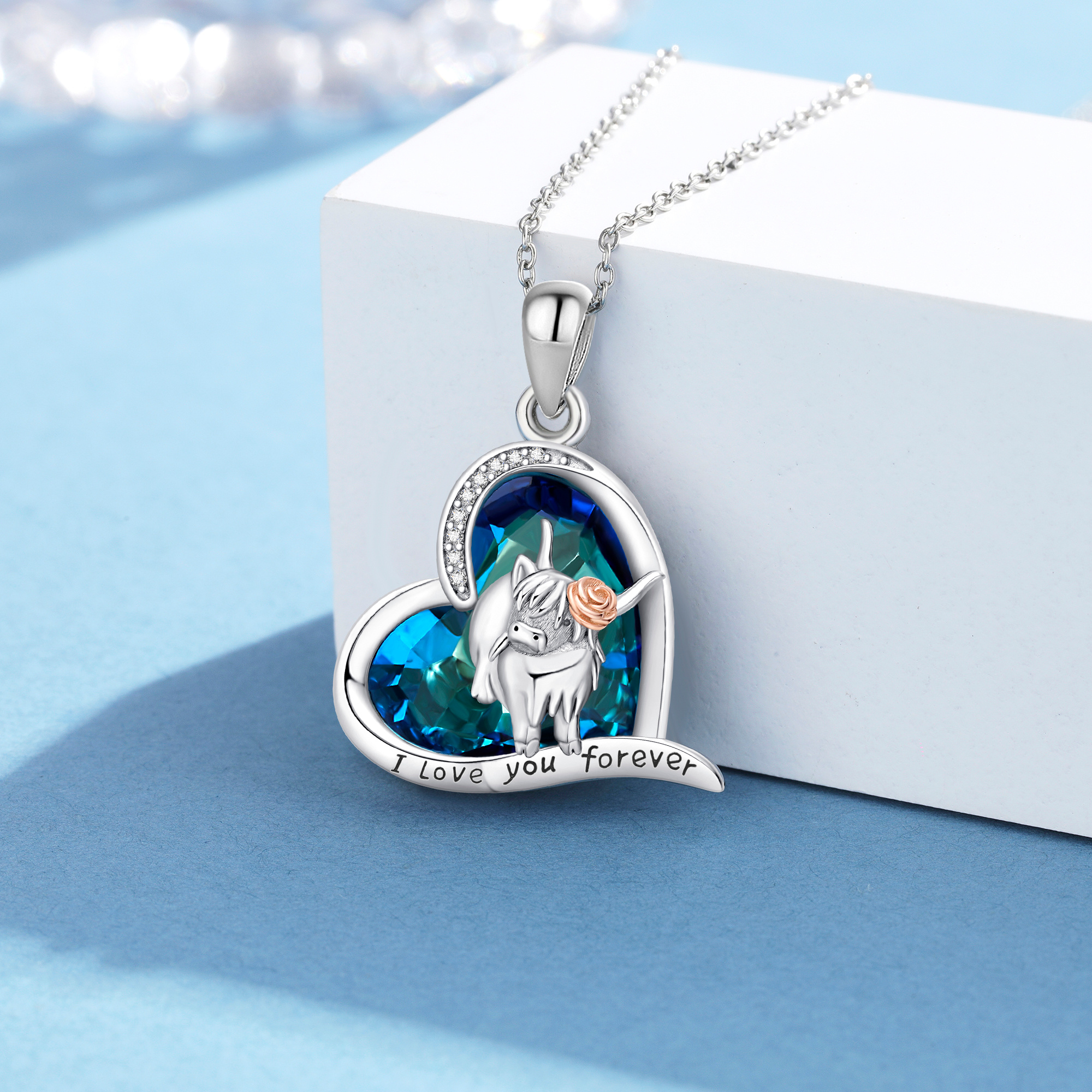 925 Sterling Silver Highland Cow Pendant Necklace with Blue Crystal Heart - Image 2