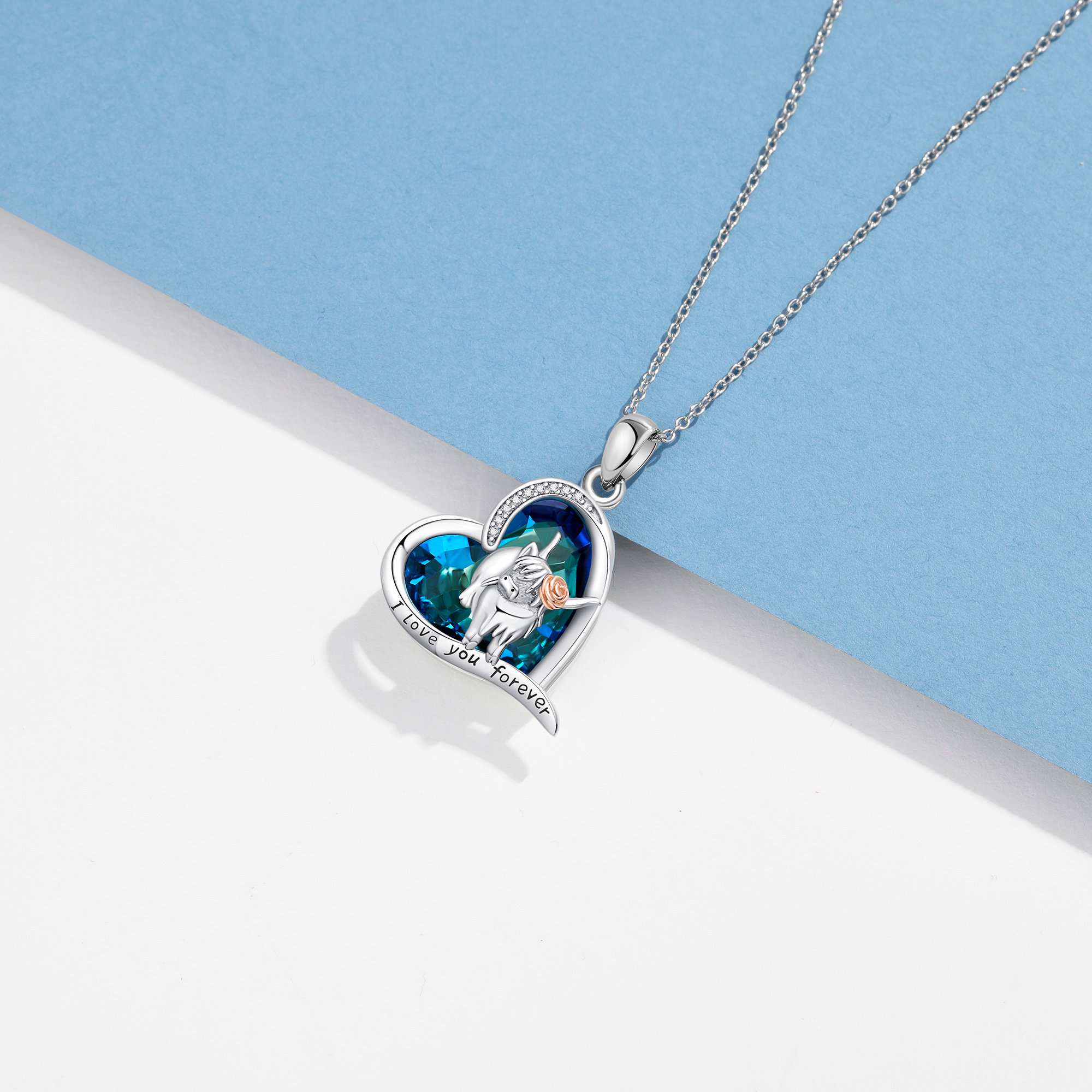 925 Sterling Silver Highland Cow Pendant Necklace with Blue Crystal Heart - Image 3