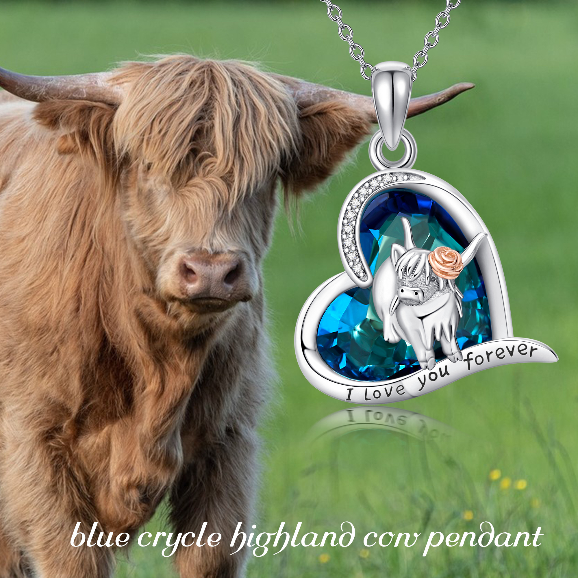 925 Sterling Silver Highland Cow Pendant Necklace with Blue Crystal Heart - Image 6