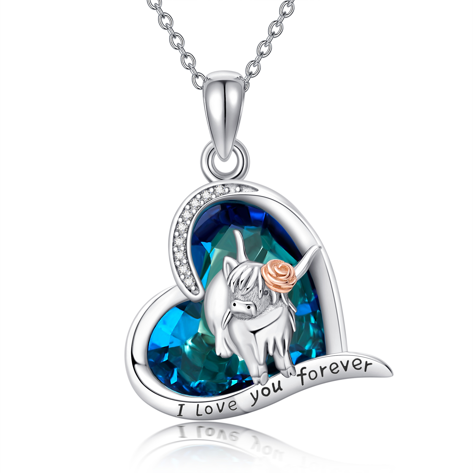 925 Sterling Silver Highland Cow Pendant Necklace with Blue Crystal Heart - Image 7