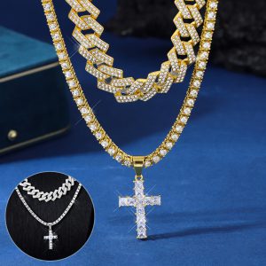 Zircon Hip Hop Cross Pendant Necklace with Miami Curb Cuban Chain - Iced Out Paved Rhinestones Bling Jewelry for Men and Women’s Clavicle Chain
