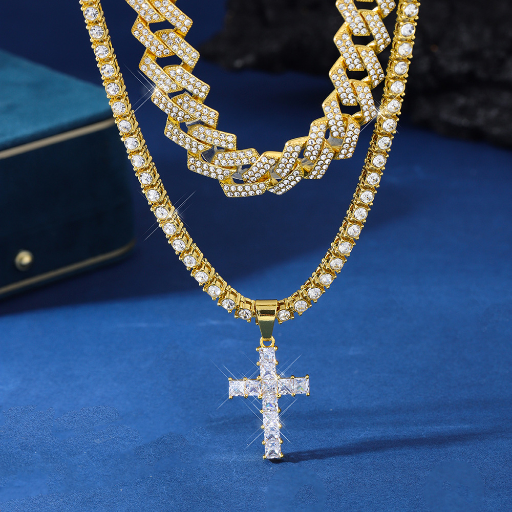 Zircon Hip Hop Cross Pendant Necklace with Miami Curb Cuban Chain - Iced Out Paved Rhinestones Bling Jewelry for Men and Women’s Clavicle Chain - Image 2