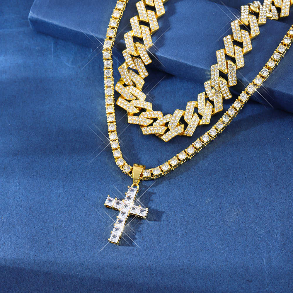 Zircon Hip Hop Cross Pendant Necklace with Miami Curb Cuban Chain - Iced Out Paved Rhinestones Bling Jewelry for Men and Women’s Clavicle Chain - Image 3