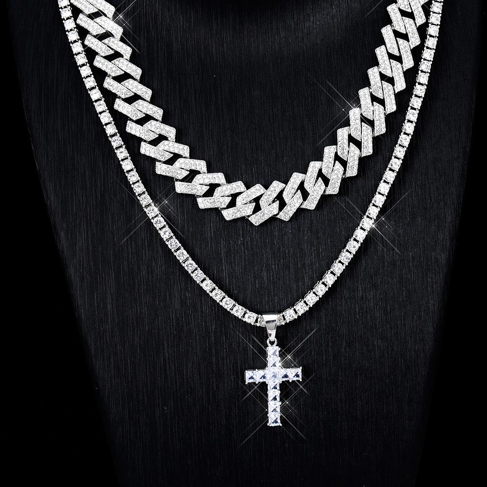 Zircon Hip Hop Cross Pendant Necklace with Miami Curb Cuban Chain - Iced Out Paved Rhinestones Bling Jewelry for Men and Women’s Clavicle Chain - Image 4
