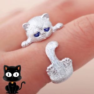 Charming Cat Ring - Stylish Open Design Fashion Jewelry for Men & Women, Perfect Gift for Pet Lovers with Blue Eyes