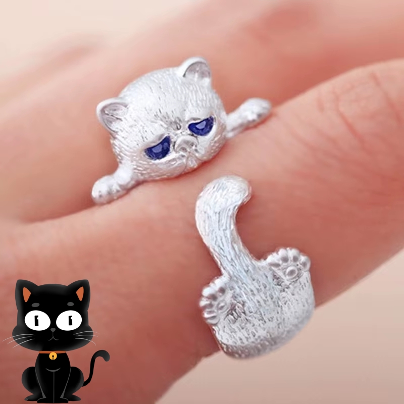 Charming Cat Ring - Stylish Open Design Fashion Jewelry for Men & Women, Perfect Gift for Pet Lovers with Blue Eyes