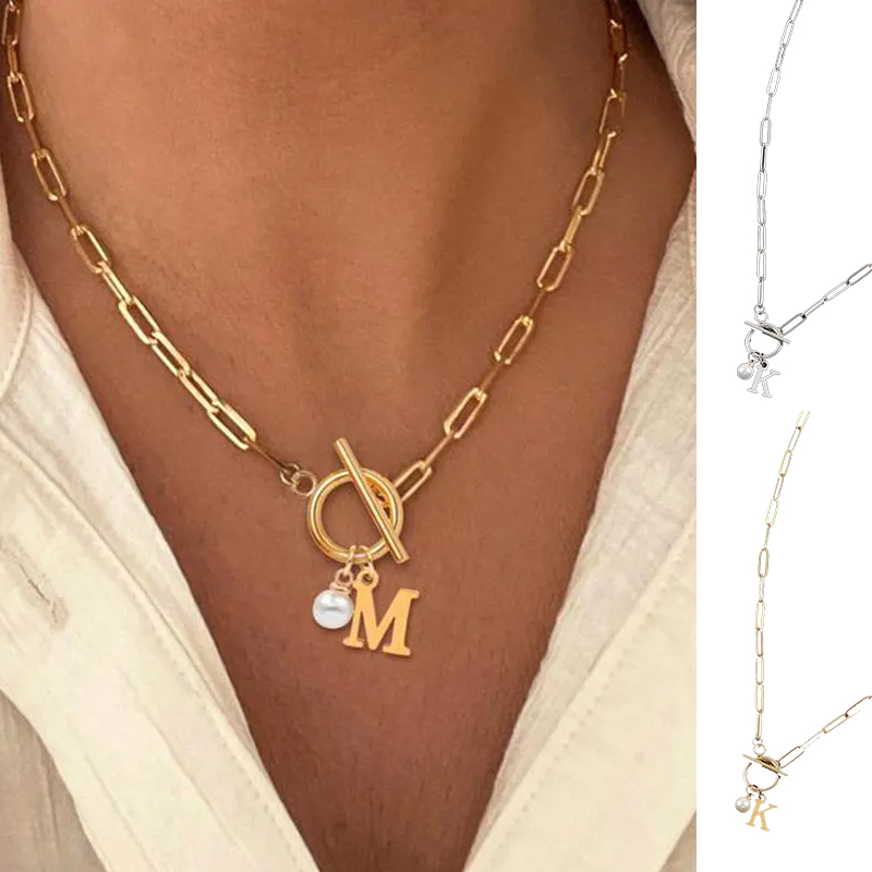 Stylish European and American 26 Letter Necklace with Stainless Steel Clip Chain and Imitation Pearl Pendant for Men and Women - Image 2