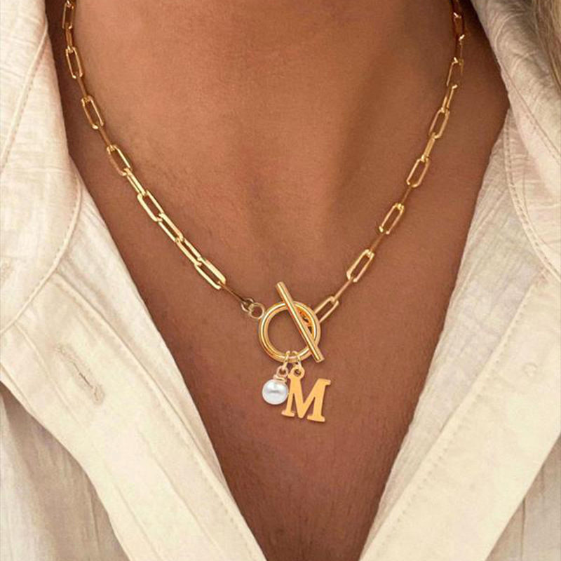 Stylish European and American 26 Letter Necklace with Stainless Steel Clip Chain and Imitation Pearl Pendant for Men and Women - Image 3