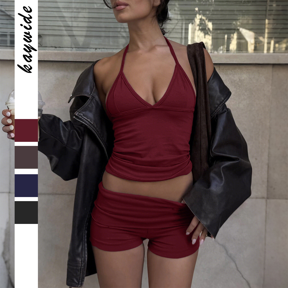 Women's Two-piece Sports Yoga Suit: Halterneck T-shirt and Shorts Set - Image 3