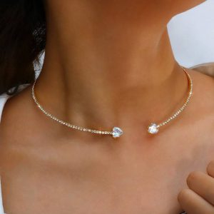 Elegant Silver Rhinestone Heart Choker Necklace for Women - Simple Open Collar Torque Jewelry Accessories