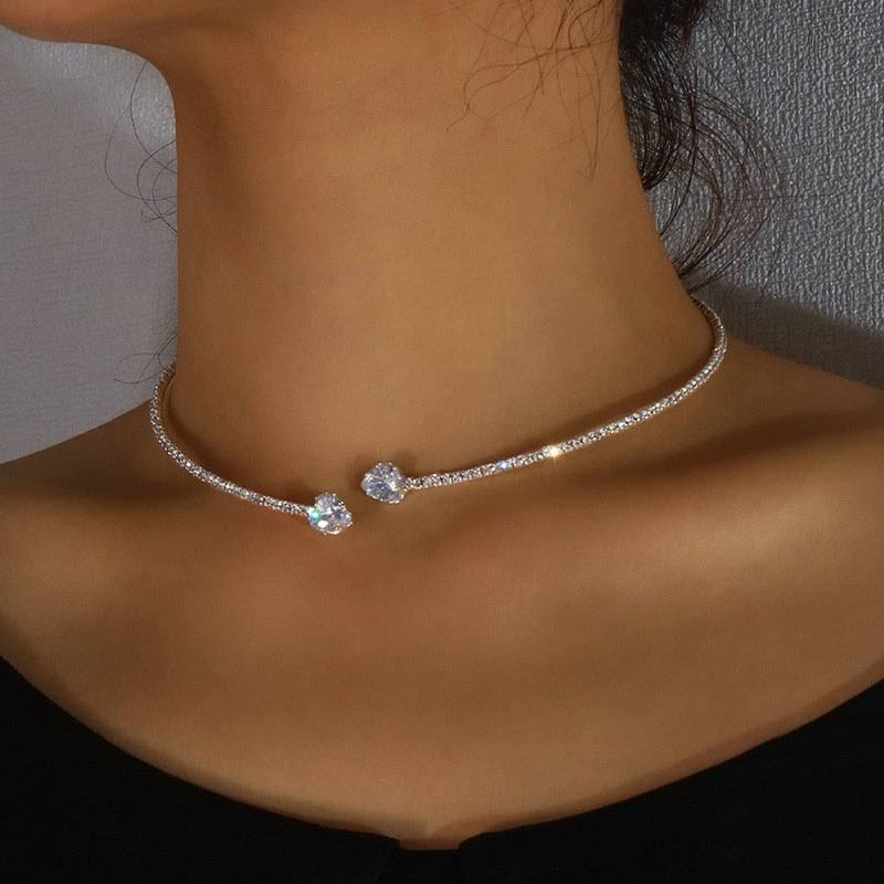 Elegant Silver Rhinestone Heart Choker Necklace for Women - Simple Open Collar Torque Jewelry Accessories - Image 2