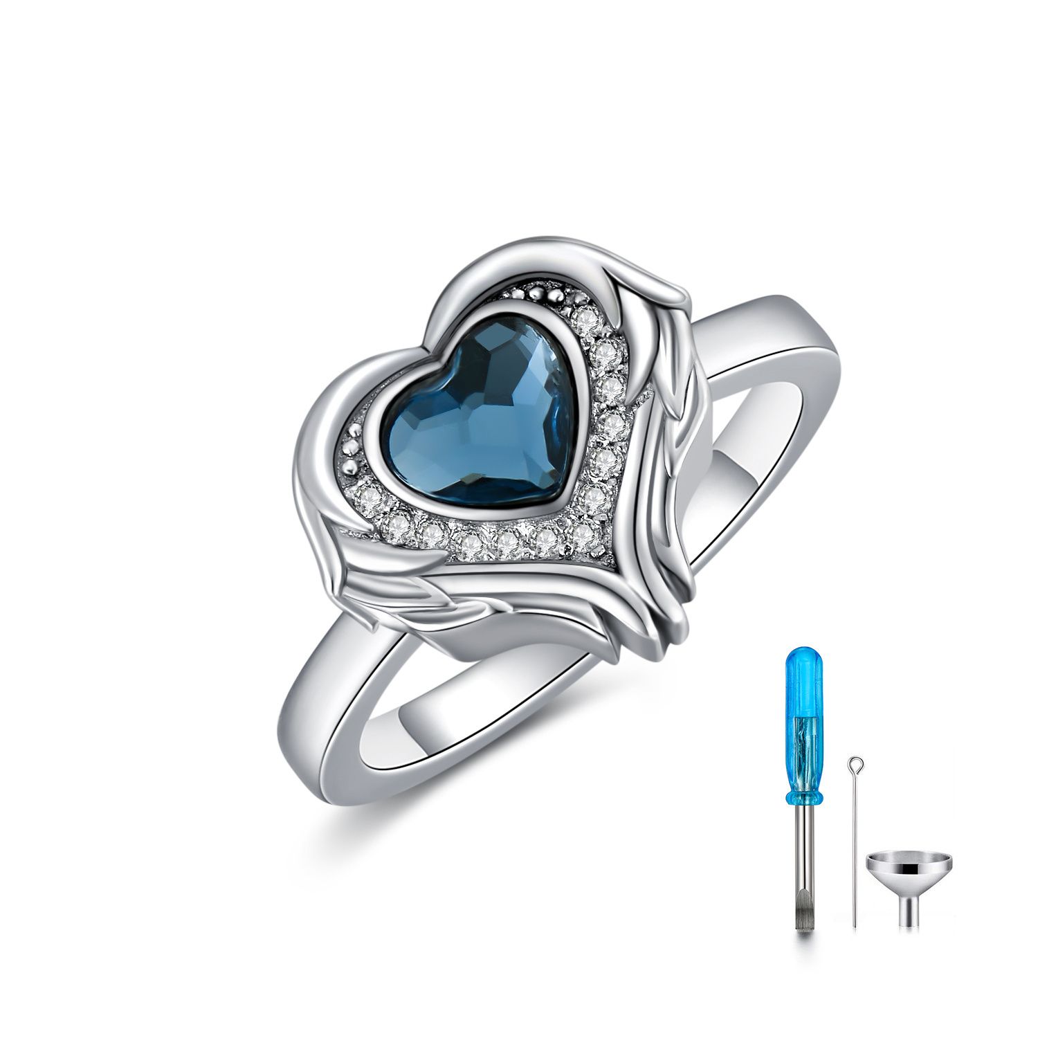 925 Sterling Silver Angel Wing Heart Cremation Urn Ring for Holding Ashes of Loved Ones - Image 8