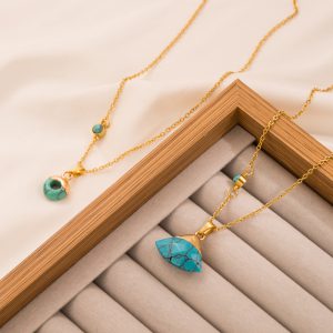 Vintage-Inspired Turquoise Leaf Titanium Steel Necklace for Timeless Elegance