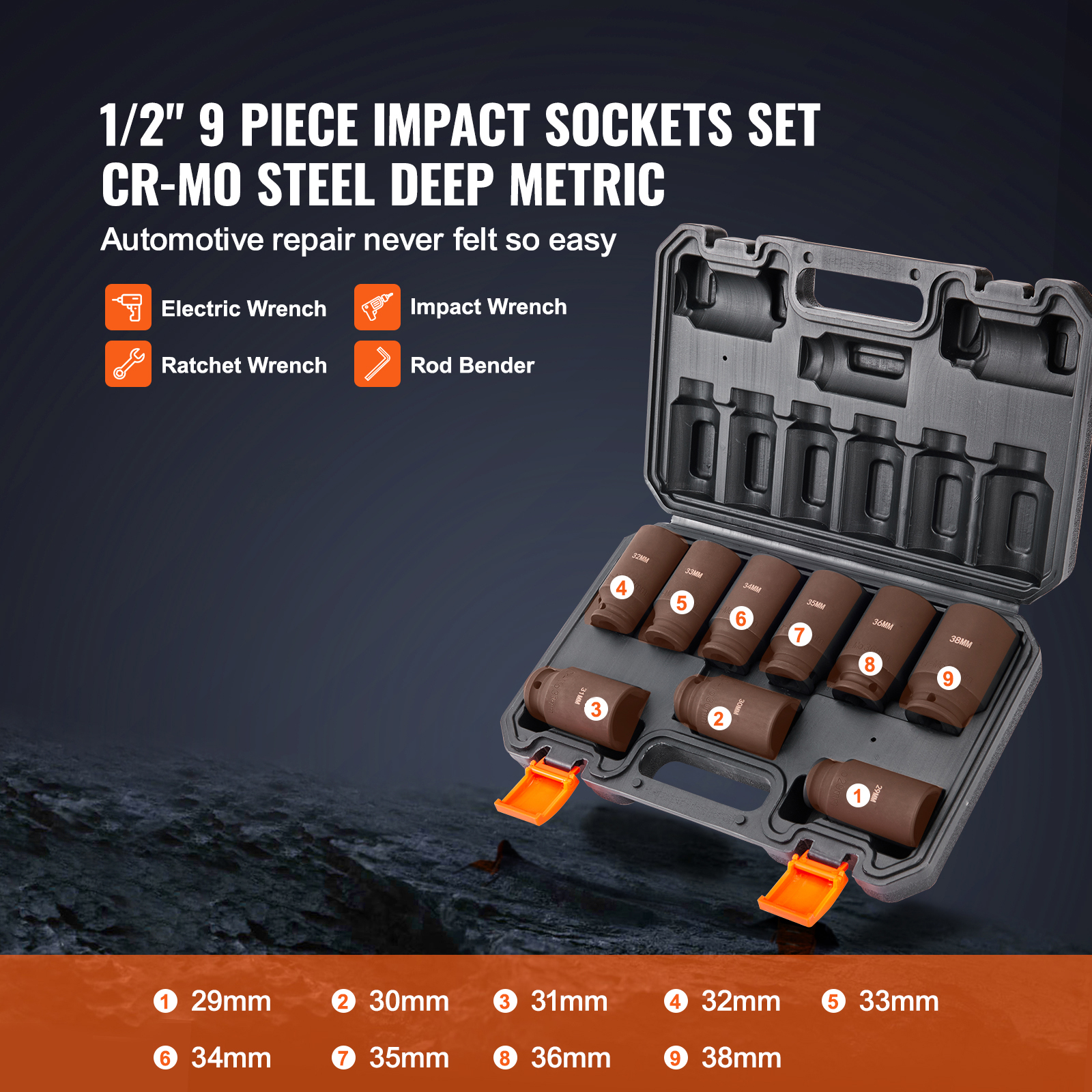 VEVOR 1/2" Drive Impact Socket Set - 9 Piece Metric Deep Socket Set 29-38mm, Durable 6 Point Cr-Mo Alloy Steel for Auto Repair, Clear Size Markings, Sturdy Storage Case Included