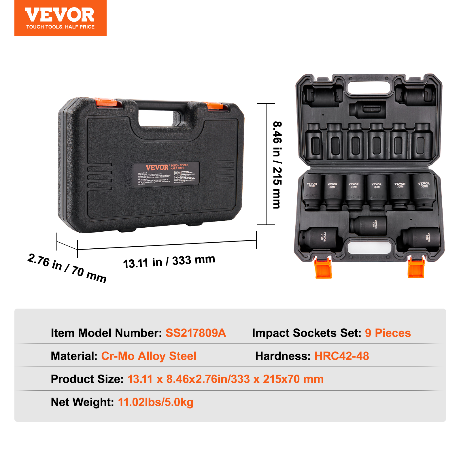VEVOR 1/2" Drive Impact Socket Set - 9 Piece Metric Deep Socket Set 29-38mm, Durable 6 Point Cr-Mo Alloy Steel for Auto Repair, Clear Size Markings, Sturdy Storage Case Included - Image 5