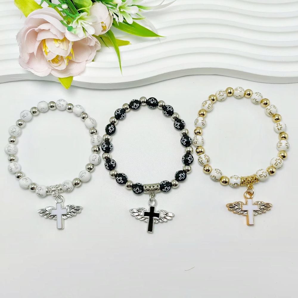 Bronzing Acrylic Cross Bead Rosary Bracelet - Stylish Religious Accessory