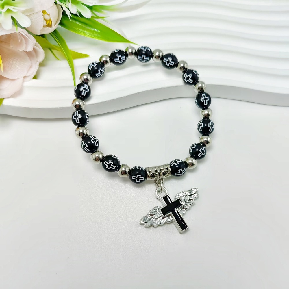 Bronzing Acrylic Cross Bead Rosary Bracelet - Stylish Religious Accessory - Image 2