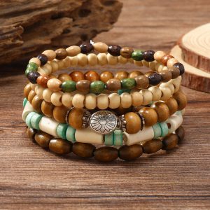 Vibrant Wooden Bead Flower Filament Bracelet Set - 5 Pieces of Charm