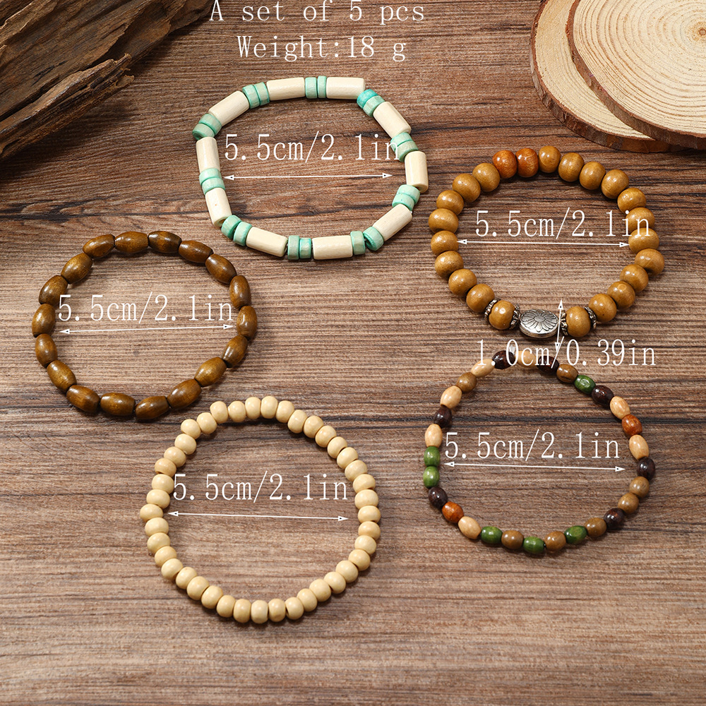 Vibrant Wooden Bead Flower Filament Bracelet Set - 5 Pieces of Charm - Image 3