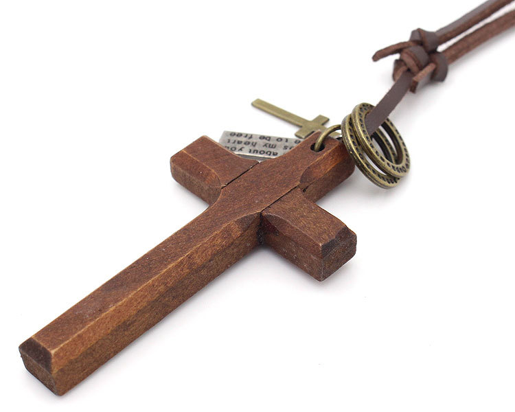 Stylish Natural Wood Cross Necklace with Leather Cord for Sweaters