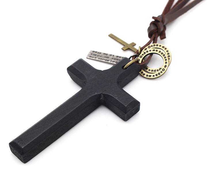 Stylish Natural Wood Cross Necklace with Leather Cord for Sweaters - Image 4