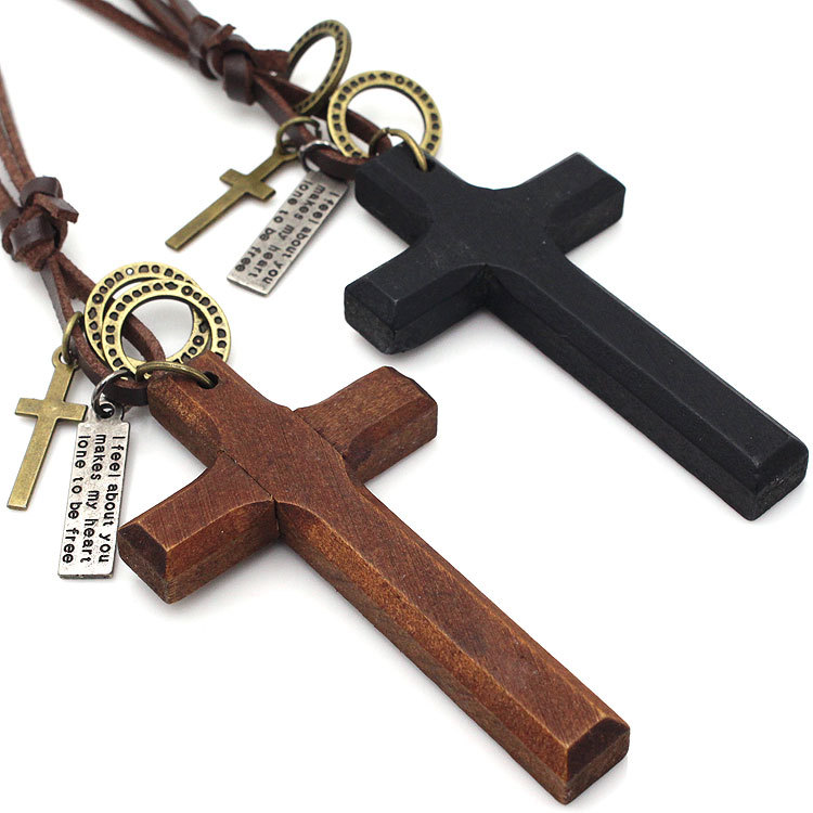 Stylish Natural Wood Cross Necklace with Leather Cord for Sweaters - Image 5