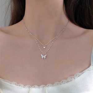Elegant Silver Color Butterfly Necklace for Women - Exquisite Double Layer Clavicle Chain Jewelry Gift