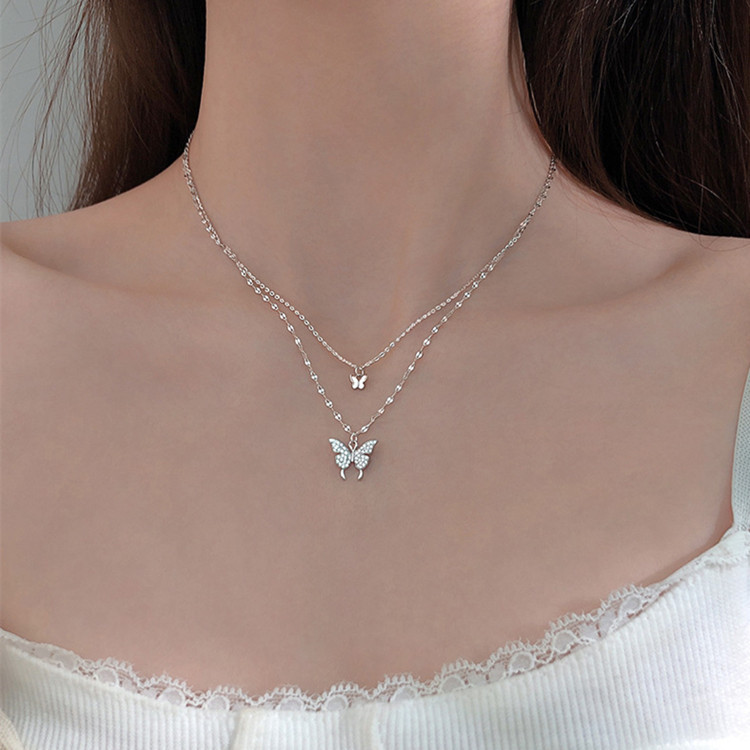 Elegant Silver Color Butterfly Necklace for Women - Exquisite Double Layer Clavicle Chain Jewelry Gift