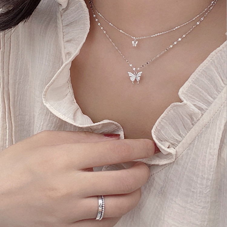 Elegant Silver Color Butterfly Necklace for Women - Exquisite Double Layer Clavicle Chain Jewelry Gift - Image 2