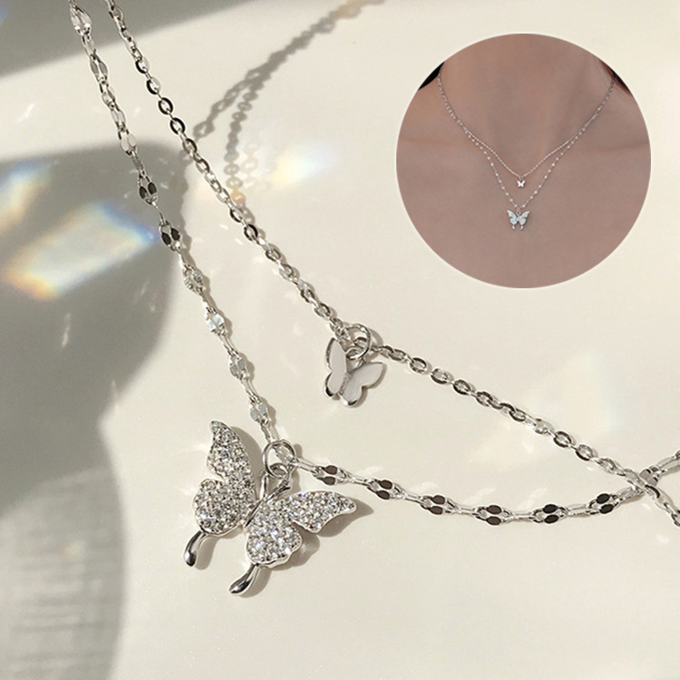 Elegant Silver Color Butterfly Necklace for Women - Exquisite Double Layer Clavicle Chain Jewelry Gift - Image 3
