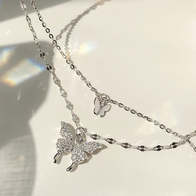 Elegant Silver Color Butterfly Necklace for Women - Exquisite Double Layer Clavicle Chain Jewelry Gift - Image 9