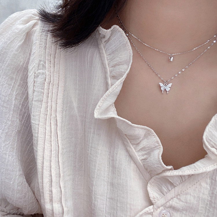 Elegant Silver Color Butterfly Necklace for Women - Exquisite Double Layer Clavicle Chain Jewelry Gift - Image 10