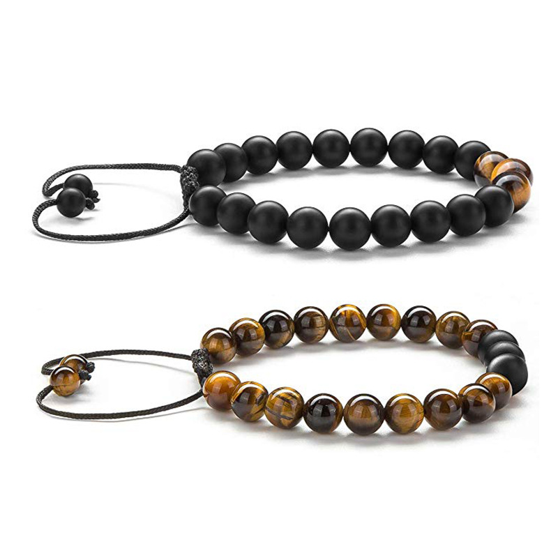 Stylish Tiger Eye Couple Bracelets with Matte Black Agate Beads - Image 9
