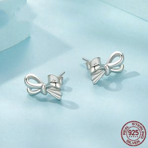 Elegant S925 Sterling Silver Heart Bow Stud Earrings for Girls and Women